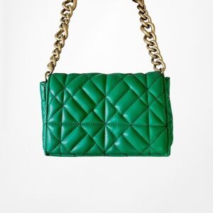 Zara Kelly Green Quilted Faux Leather Gold Chain Shoulder Bag